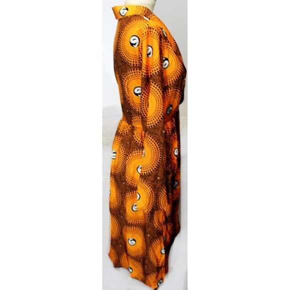 Retro Brown Orange V Neck Dress Long Sleeves Women L Dot Pattern 70s Mod Inspire - Picture 6 of 11